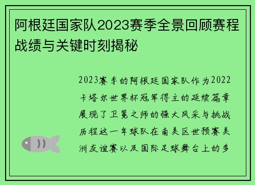 阿根廷国家队2023赛季全景回顾赛程战绩与关键时刻揭秘