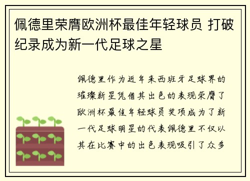 佩德里荣膺欧洲杯最佳年轻球员 打破纪录成为新一代足球之星